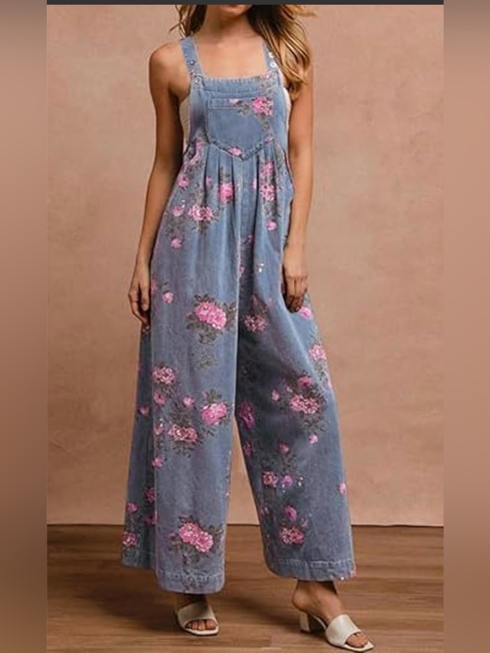 Wide-Leg Floral Denim Overalls - Blue with Pink Floral